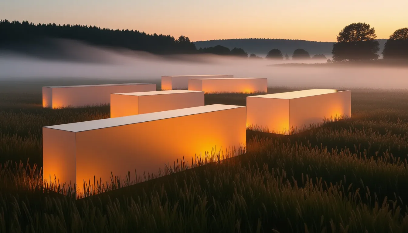 A long-exposure shot at twilight captures translucent geometric planes slicing through a foggy field