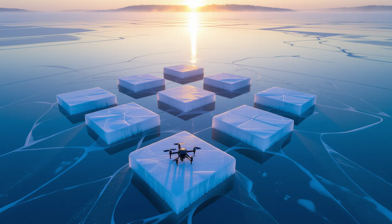 Aerial drone shot gliding over layered translucent planes of ice, floating platforms catching golden