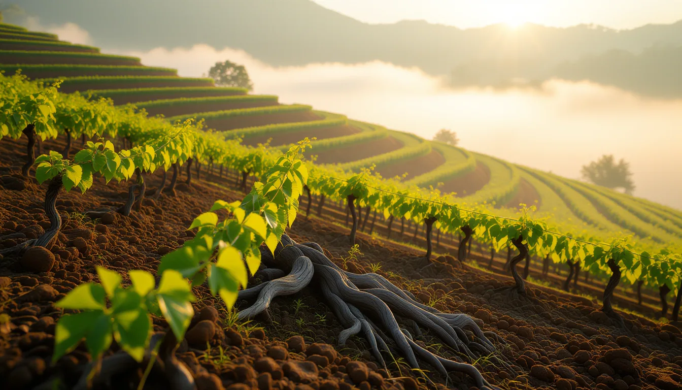 Morning fog clings to terraced soil where thin green vines snake around a gnarled root system, golde
