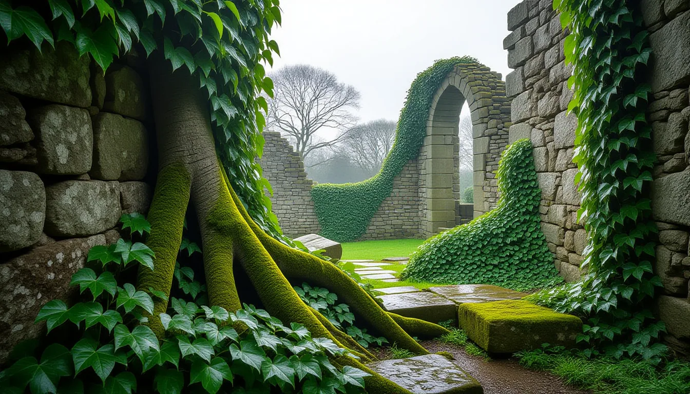 Overcast diffused light on ancient stone ruins, where thick ivy roots have cracked and lifted granit