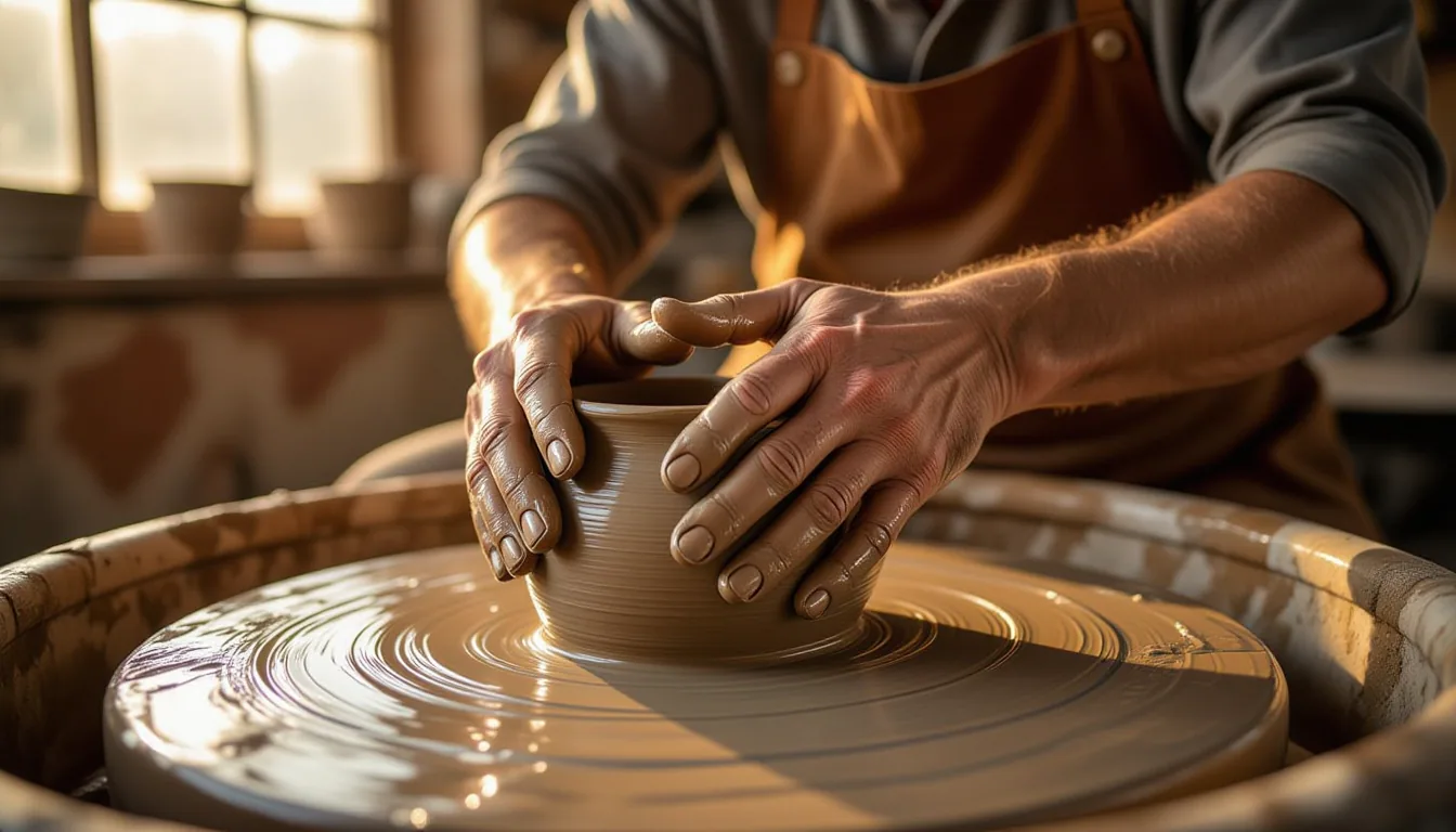 Golden hour light catches weathered calloused hands pressing into wet clay on a pottery wheel, finge