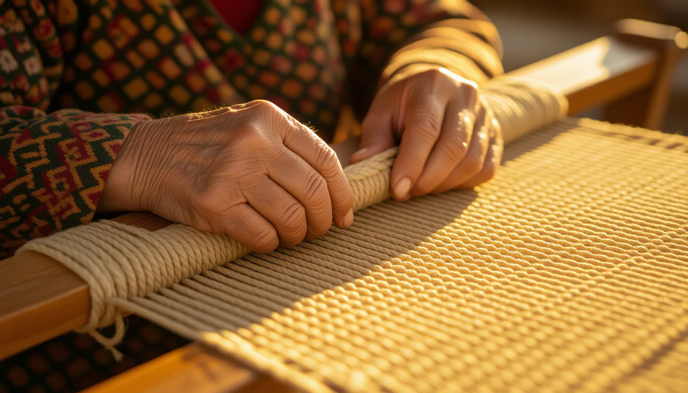 Golden hour light catches a weaver's calloused palms tightening a thick hemp cord on a wooden loom