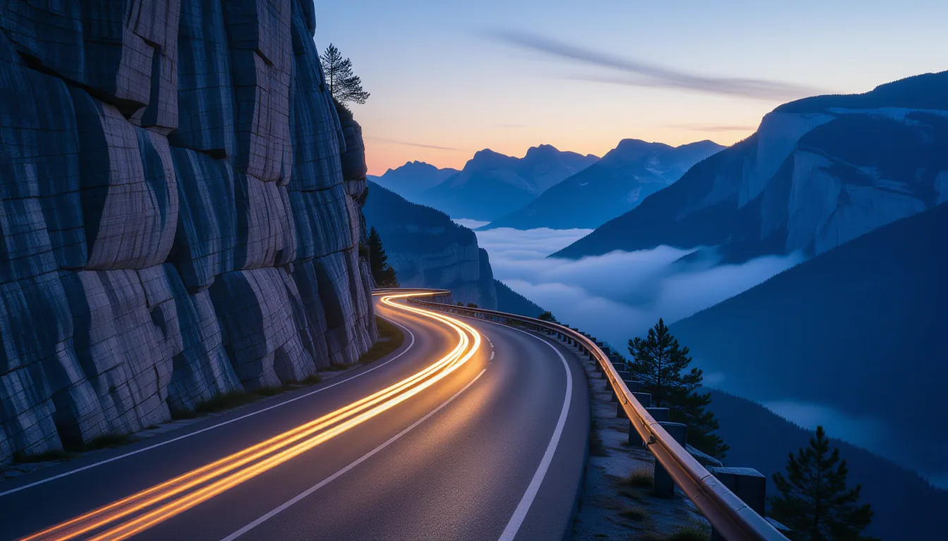 A long-exposure shot of a winding mountain road at golden hour, with streaks of car headlights carvi