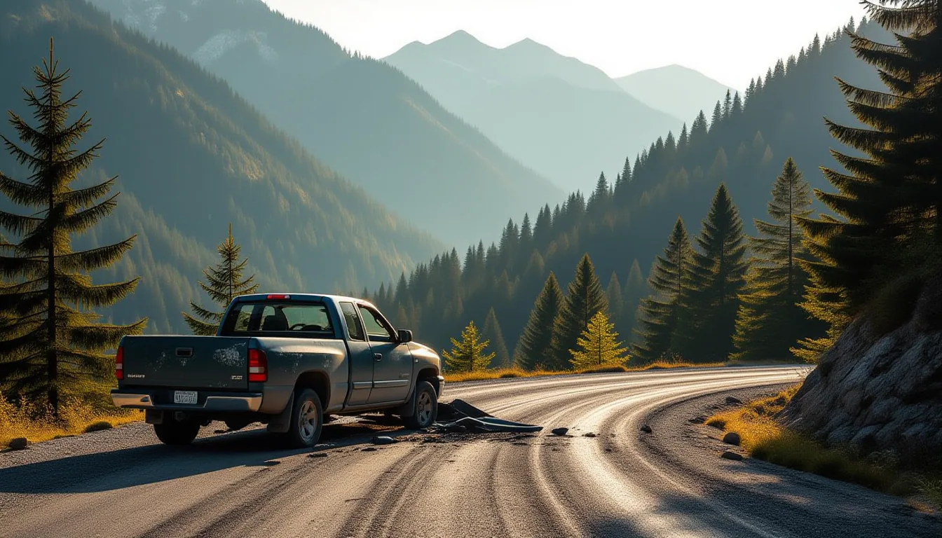 A lone wrecked pickup rests on the misty shoulders of a mountain pass, surrounded by dense pine fore