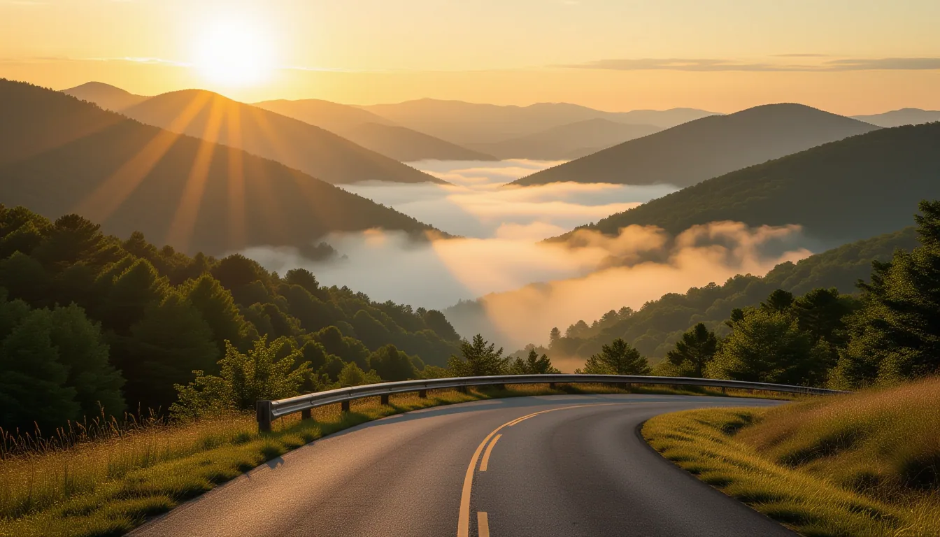 Golden hour light pours over a mist-choked mountain ridge in Spartanburg’s Blue Ridge foothills, cas