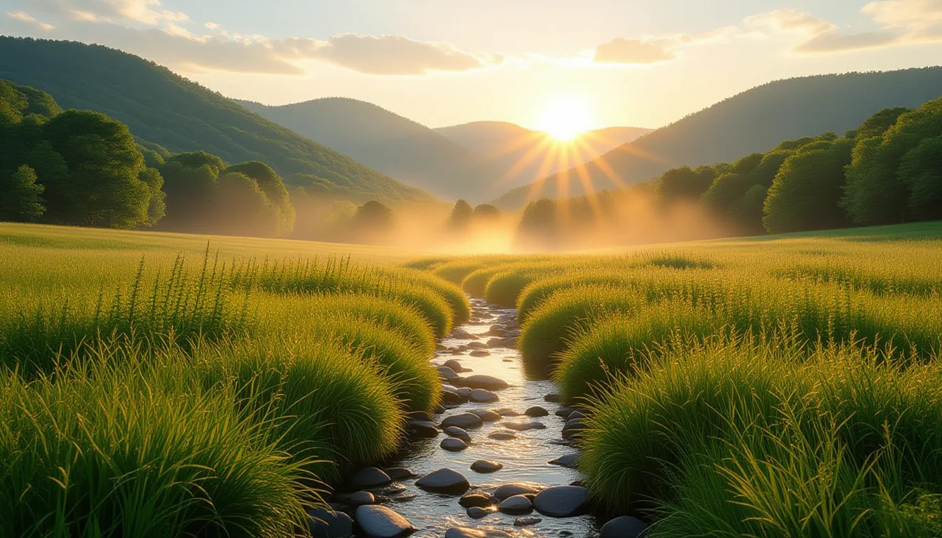 A sunlit valley between the Blue Ridge Mountains, mist rising from a creek bed at golden hour; shall