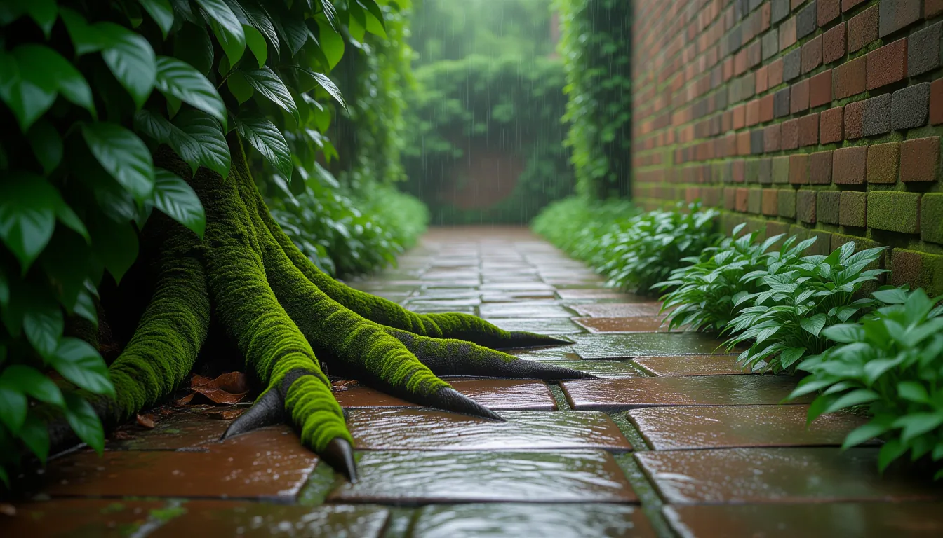 Overcast diffused light softens a rain-slicked garden path where thick ivy roots grip ancient stone