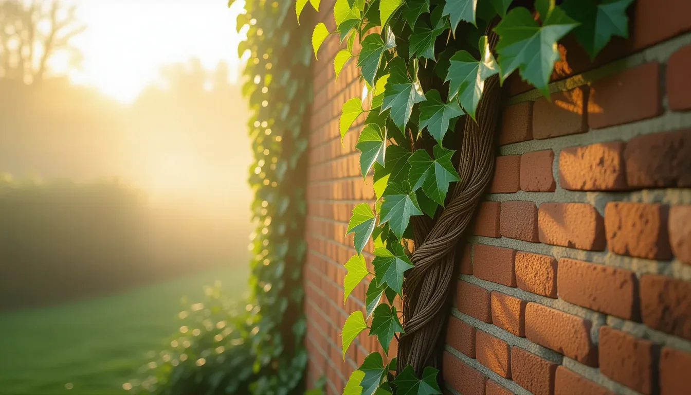 Early morning mist clings to a weathered brick wall where thick ivy roots pry into mortar, soft gold