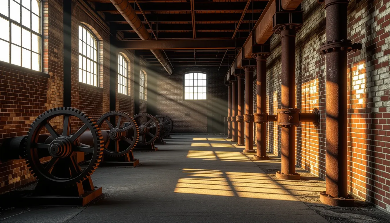 Golden hour light cuts through rusted iron pipes and spinning industrial gears in an abandoned Charl