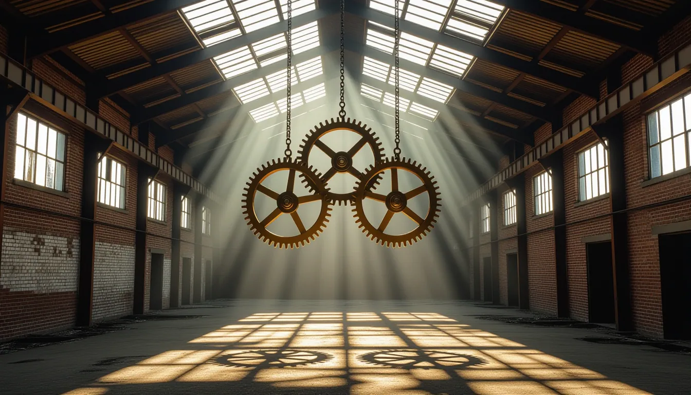 Sunlight cuts through the corrugated iron roof of an abandoned textile mill, striking interlocking b