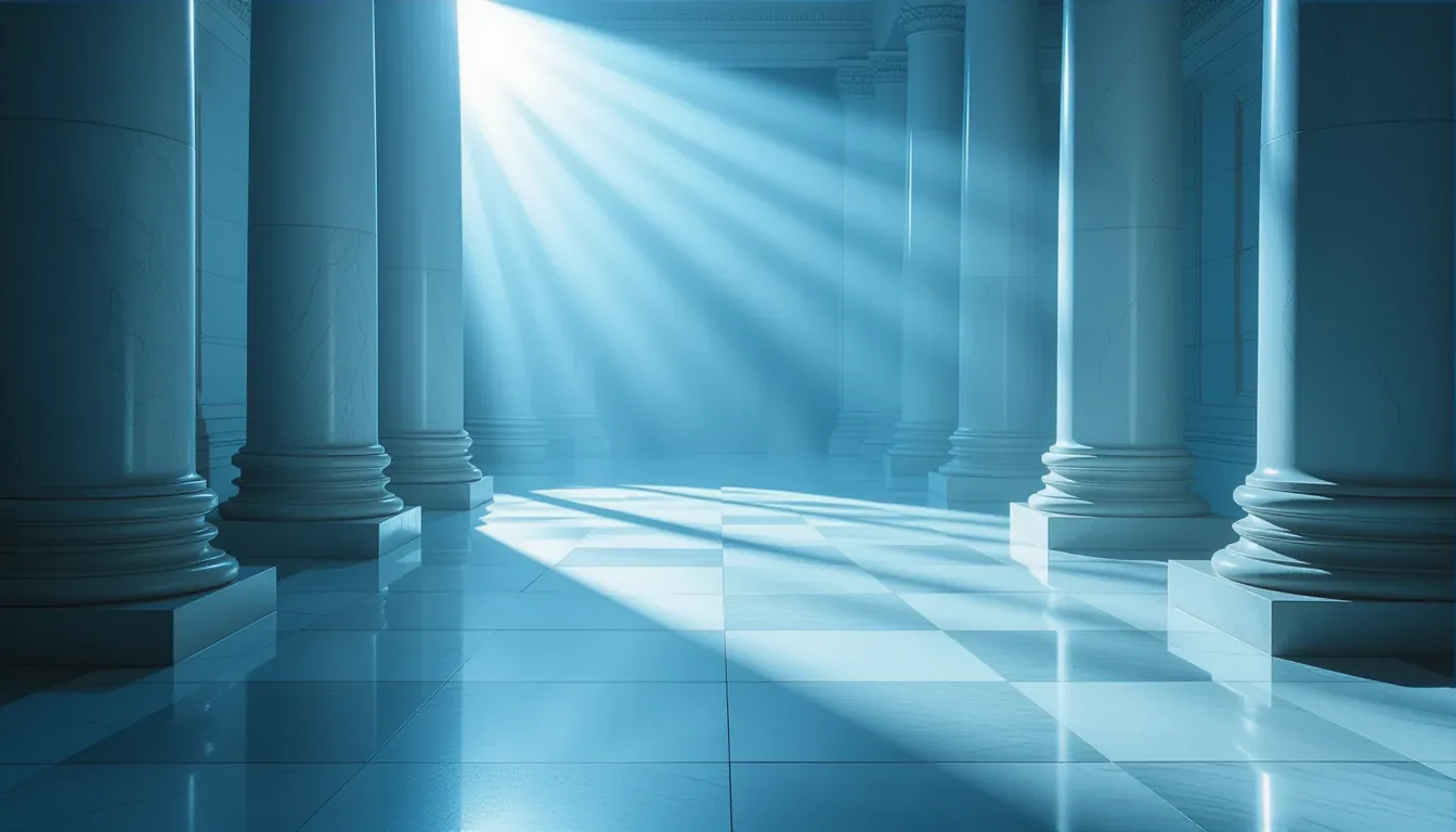 Cold morning fog in a stone courtroom hallway, pale blue hour light catching dust motes on a polishe