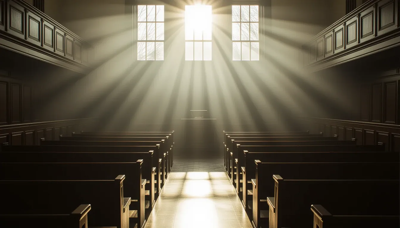 Dawn’s first pale beam cuts through heavy morning fog in an empty courtroom, illuminating rows of wo