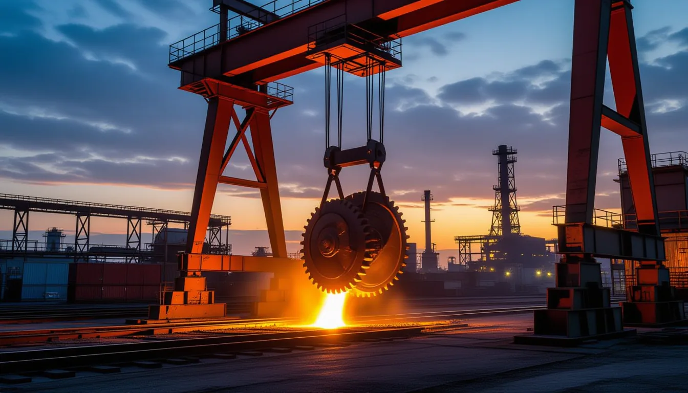 Overhead industrial crane gears turning in slow motion at dusk, captured with a 2-second long exposu