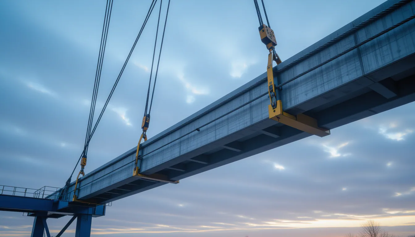 Overhead crane cables tense and release against a dawn sky, their steel lines converging on a suspen