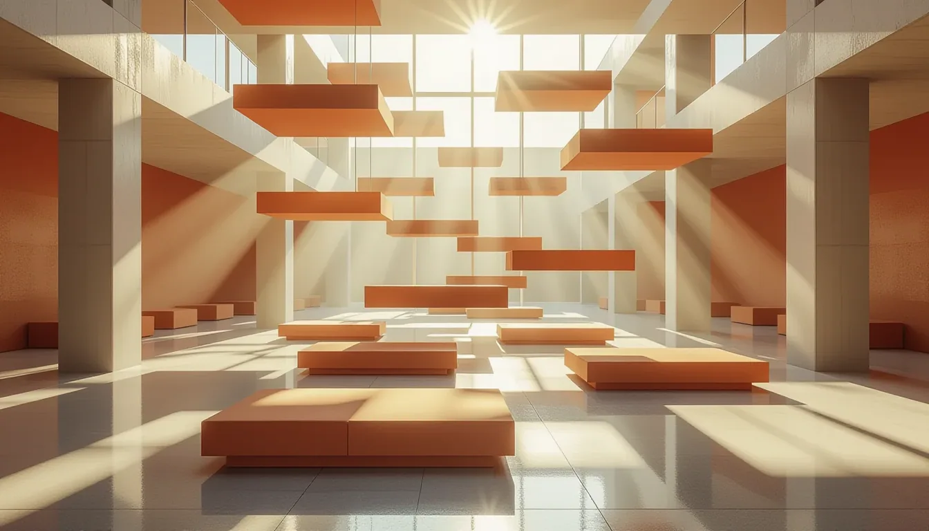 Floating terracotta platforms cascade through a sunlit atrium, their sharp tessellated edges catchin