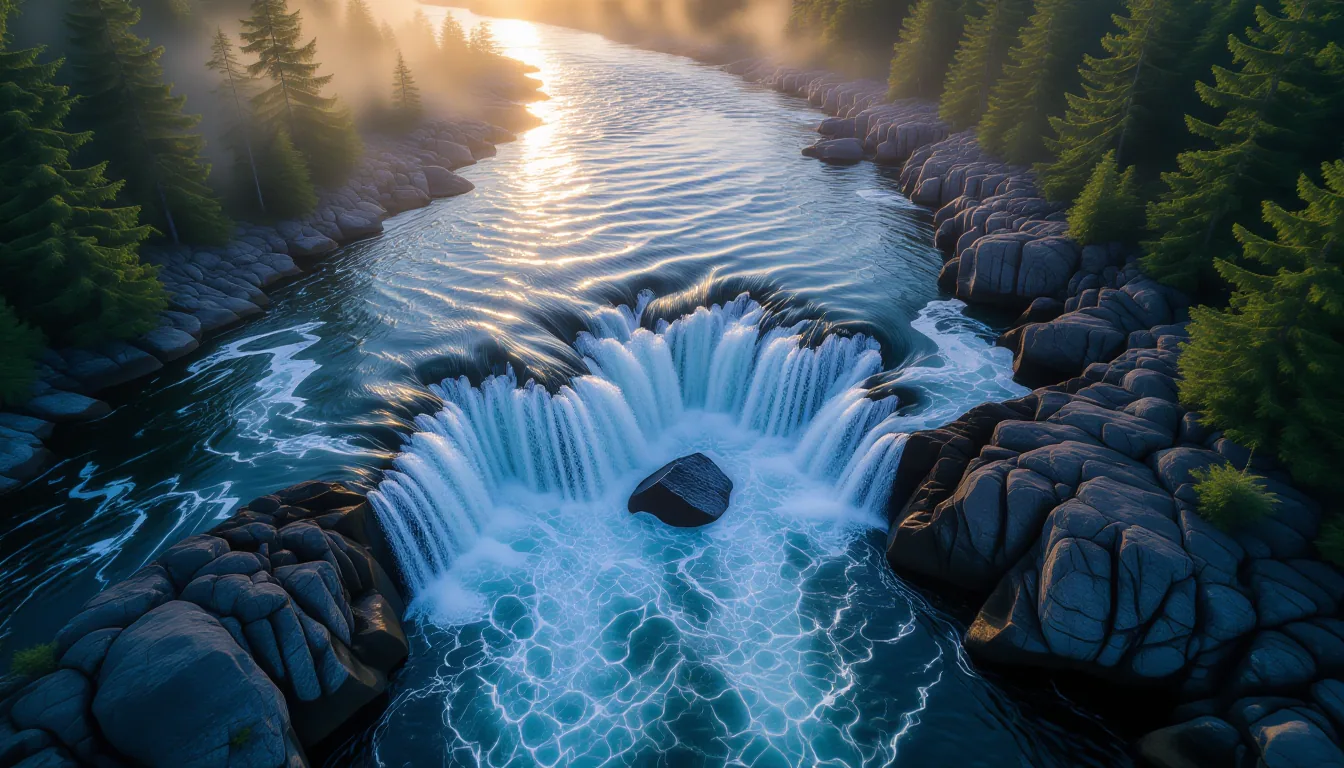 Aerial shot above a fast-moving river at dawn, water carving through dark granite bedrock, mist risi