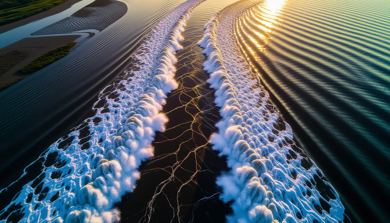 Aerial shot of a wide river delta at golden hour, where two distinct tidal currents converge into on