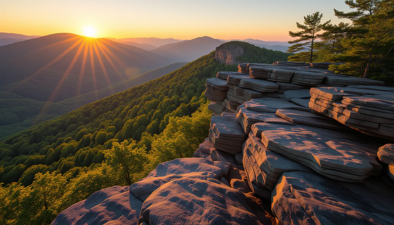 A long-exposure shot of the Blue Ridge Mountains at golden hour, where layered strata in a steep sha