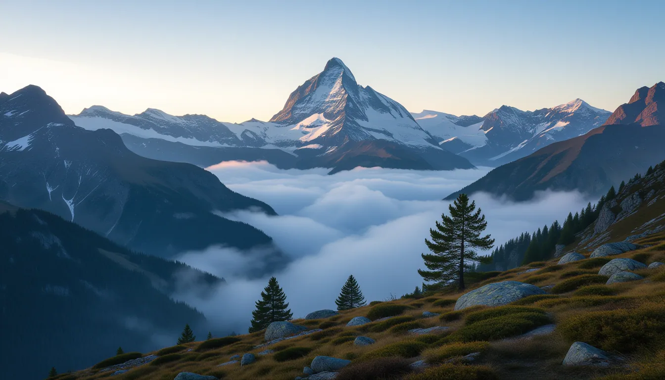 A mist-choked alpine valley at golden hour, where fading amber light catches the jagged spine of a d