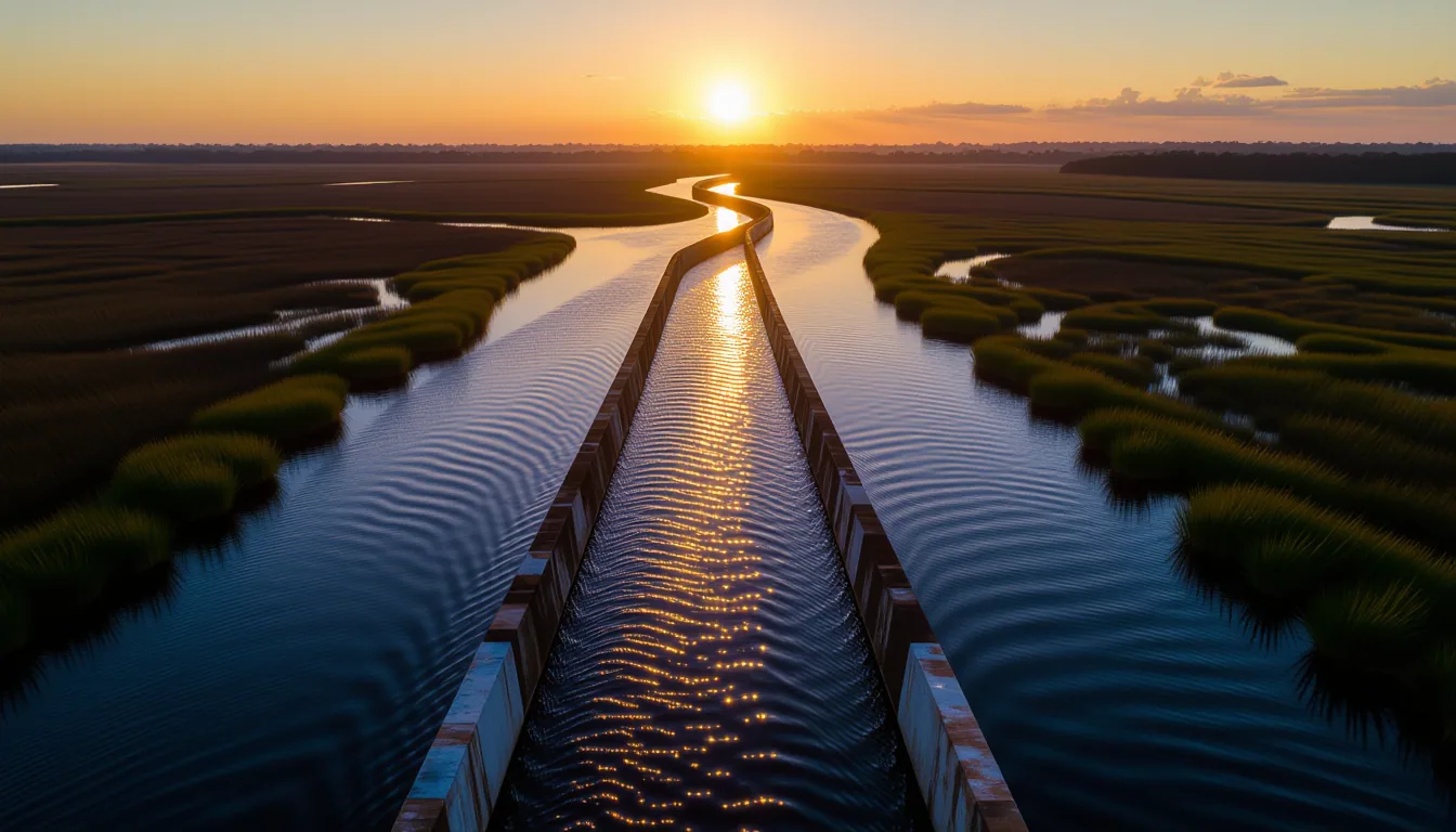 Aerial shot of the Santee Cooper Canal system at dusk, where three diverging channels split around a