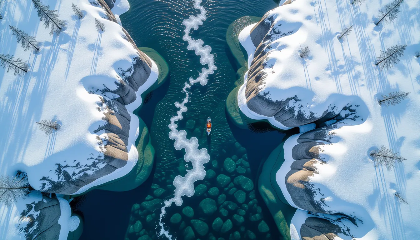 Aerial drone shot looking straight down at a river splitting around smooth grey boulders, white foam