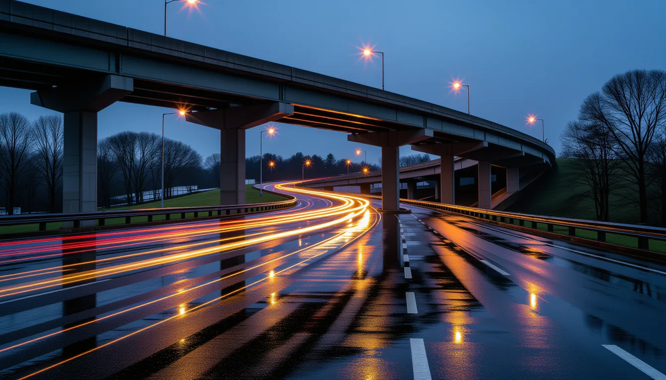 A rain-slicked I-385 overpass at dusk, its concrete pylons casting overlapping diamond tessellations