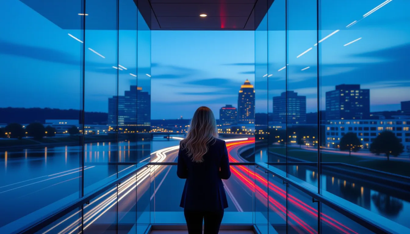 A woman in a navy blazer stands on a glass balcony at blue hour, looking out over Greenville’s river