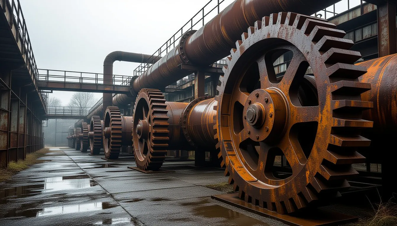 Overcast diffused light on a weathered industrial site in Greenville, where rusted steel pipes and m