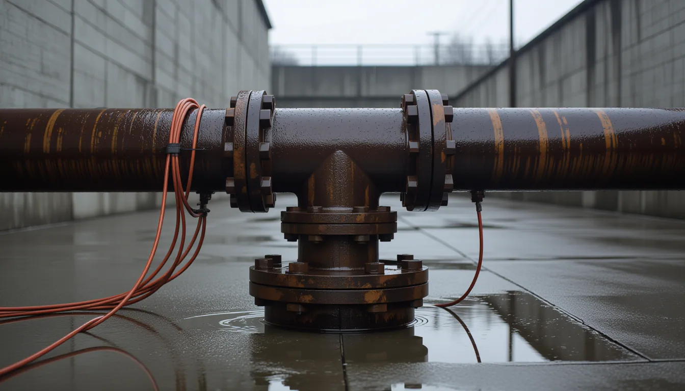 Overcast diffused light glazes a weathered industrial pipeline junction in a concrete yard; rain-sli