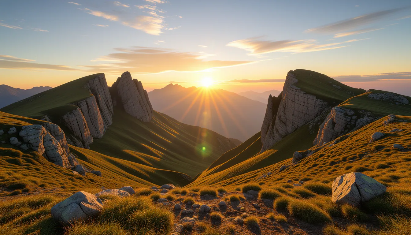 Sunset light catches a jagged mountain ridge where two weathered rock formations converge in the dis