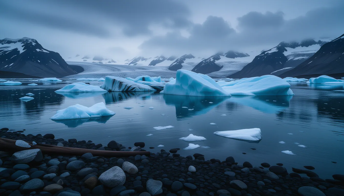 A long exposure captures a glacier-calving bay in twilight, where fractured ice chunks float like sc
