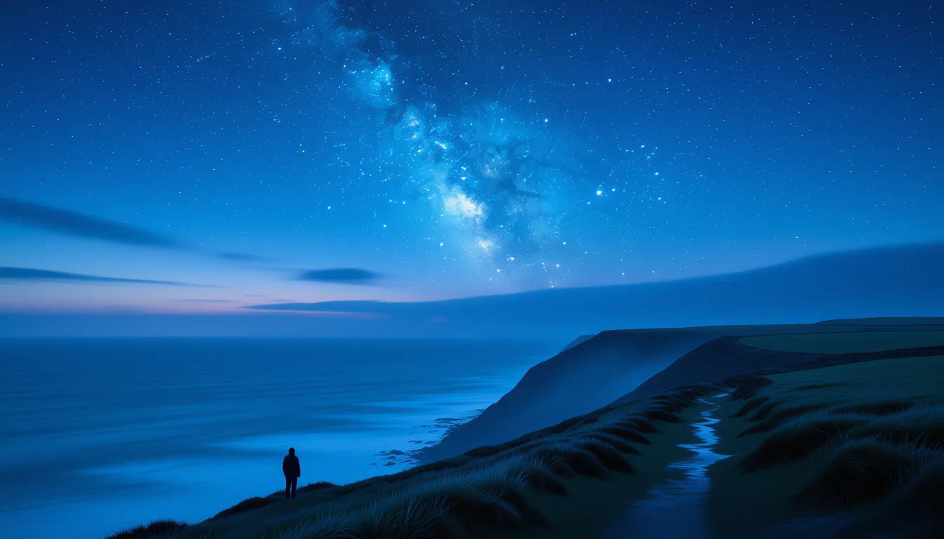 A lone figure stands on a windswept coastal bluff at dusk, small against the vast expanse of the Atl