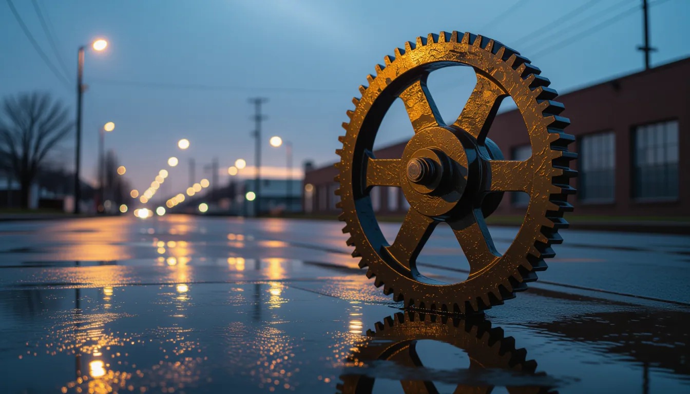 Rain-slicked concrete reflects the slow rotation of a weathered industrial gear wheel at dusk, its b