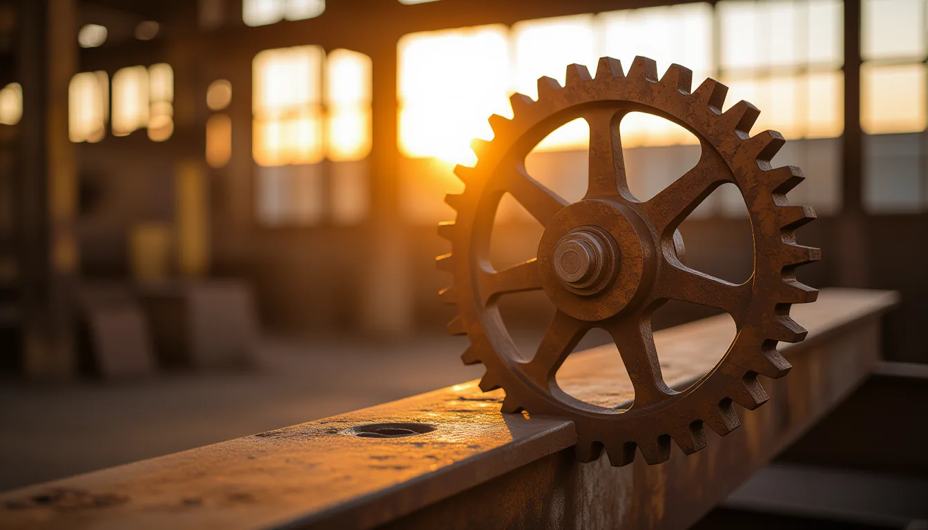 Golden-hour light spills through a weathered foundry, catching rusted cast-iron gears in slow rotati