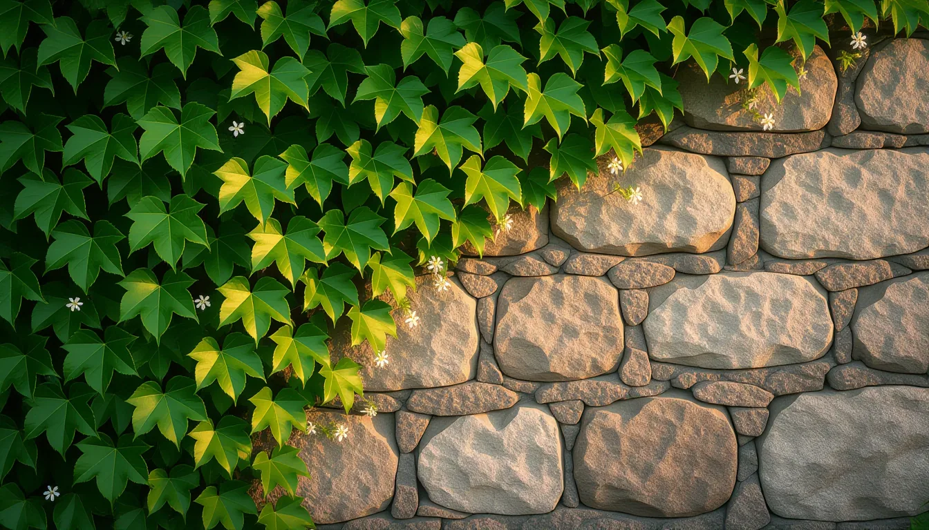 Overgrown ivy swallowing a cracked stone wall at golden hour, each vine thick with summer heat and t