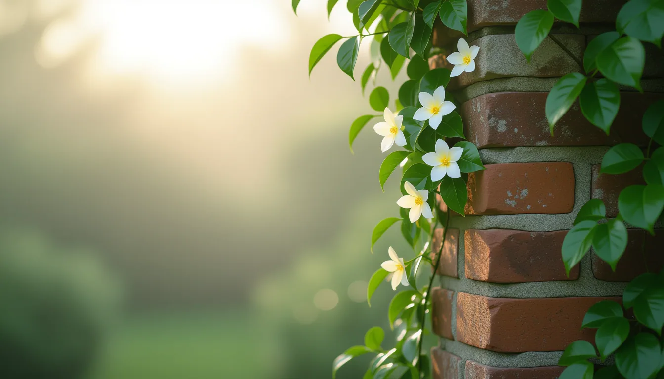 Misty dawn in an old stone walled garden: thick ivy climbs a weathered brick column, leaves glisteni