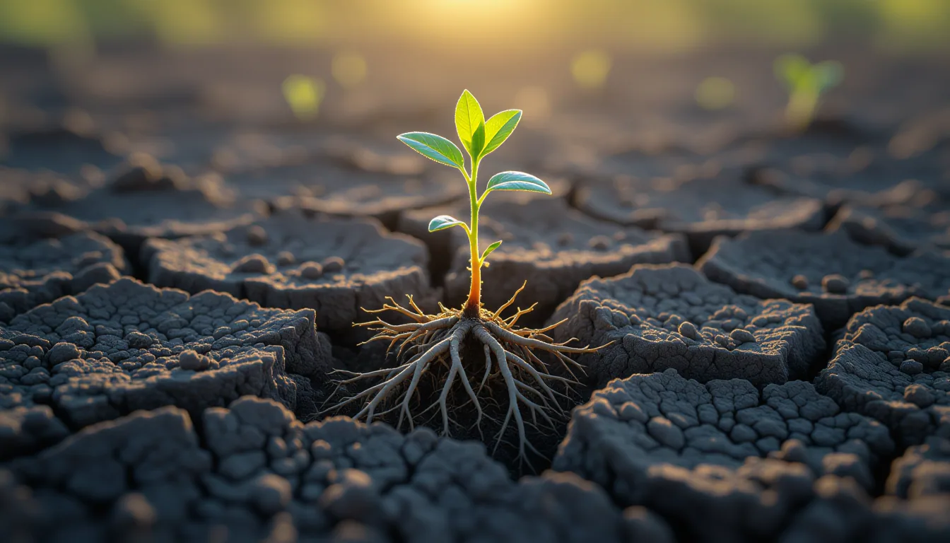 A single root cracking through dark, cracked earth at golden hour, its fibrous tendrils reaching upw