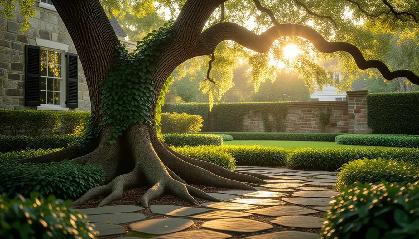 A weathered stone foundation in a Charleston garden, partially reclaimed by thick, gnarled live oak