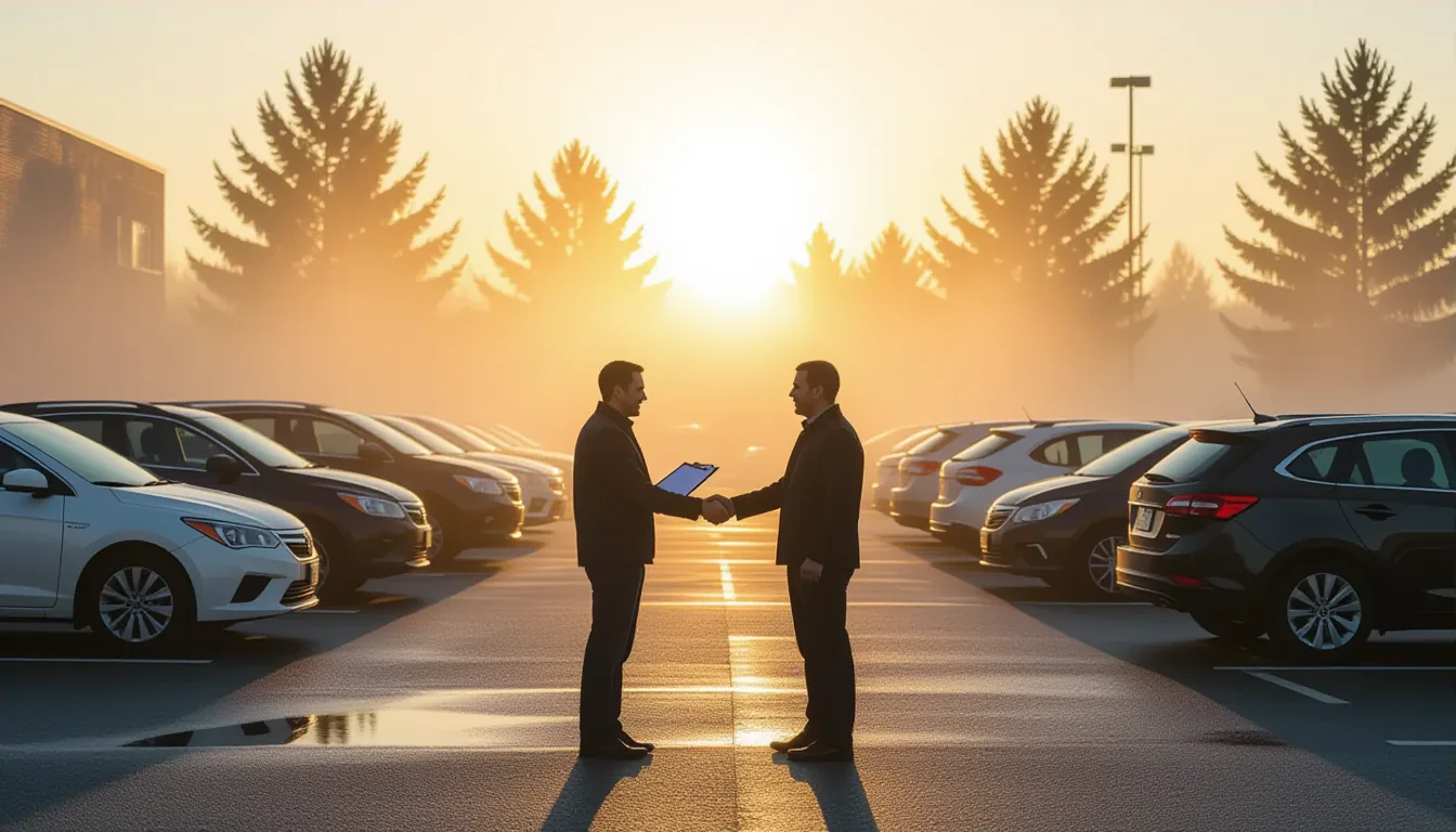 Fog rolls through a quiet parking lot at dawn as pale golden beams pierce from behind a row of parke