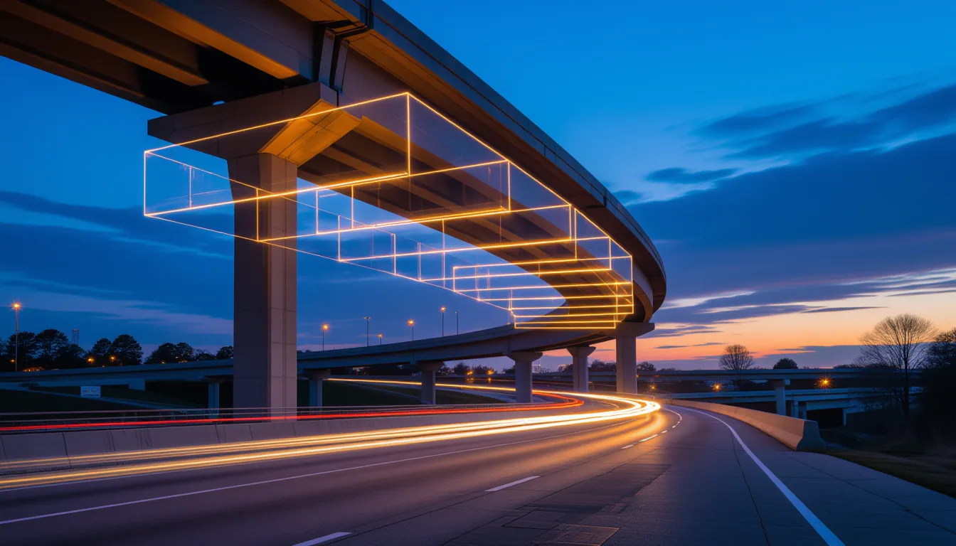 Long exposure captures translucent acrylic panels suspended over the I-85 concrete interchange at du