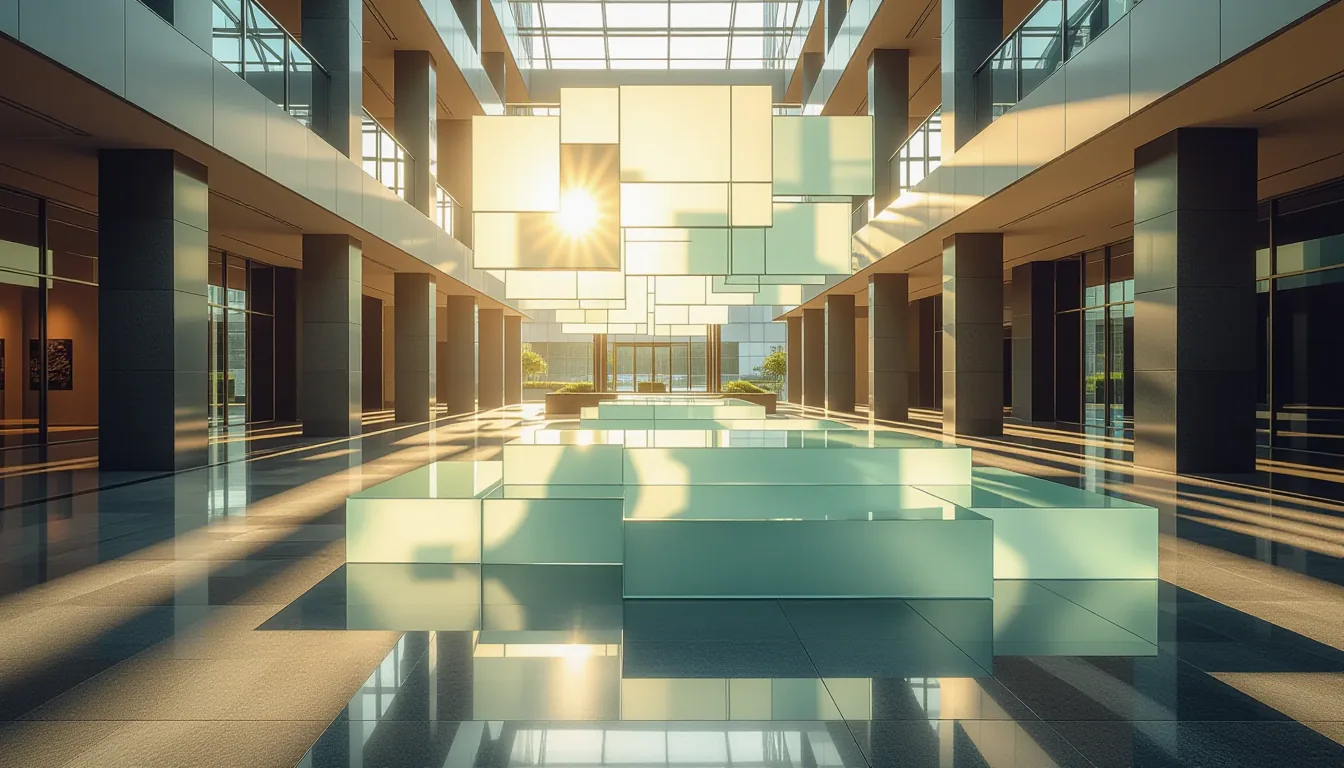 Golden hour light cuts through stacked frosted glass platforms in an urban atrium, creating sharp ge