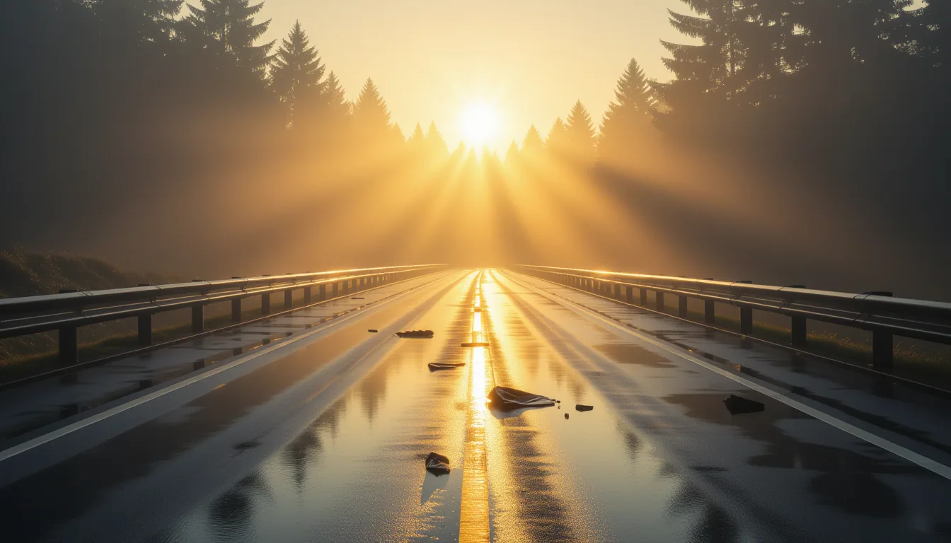 A rain-slicked highway stretches into thick morning fog where the sun breaks through, casting long a