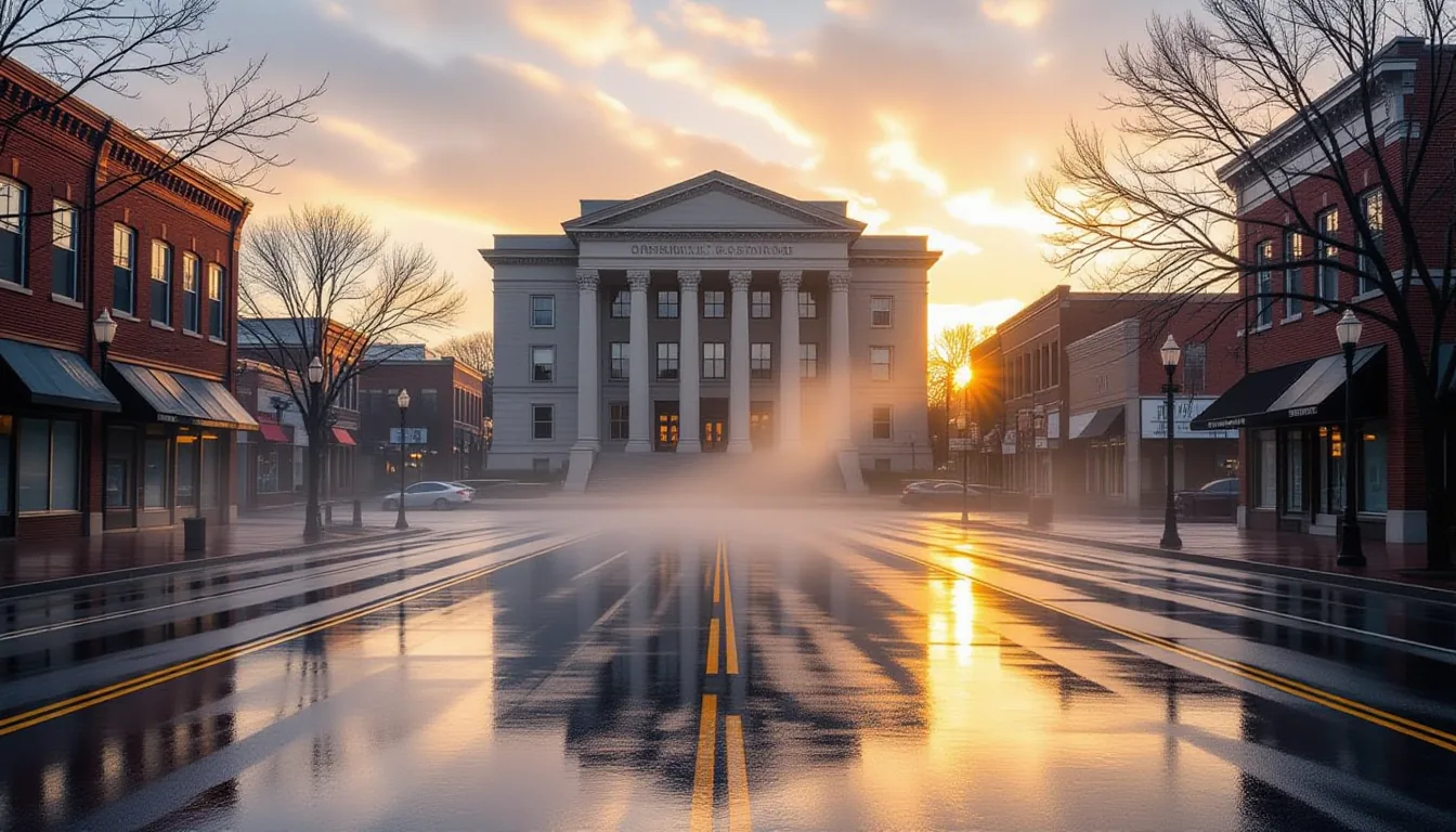Dawn breaking over downtown Greenville, the courthouse’s limestone façade catching first amber rays