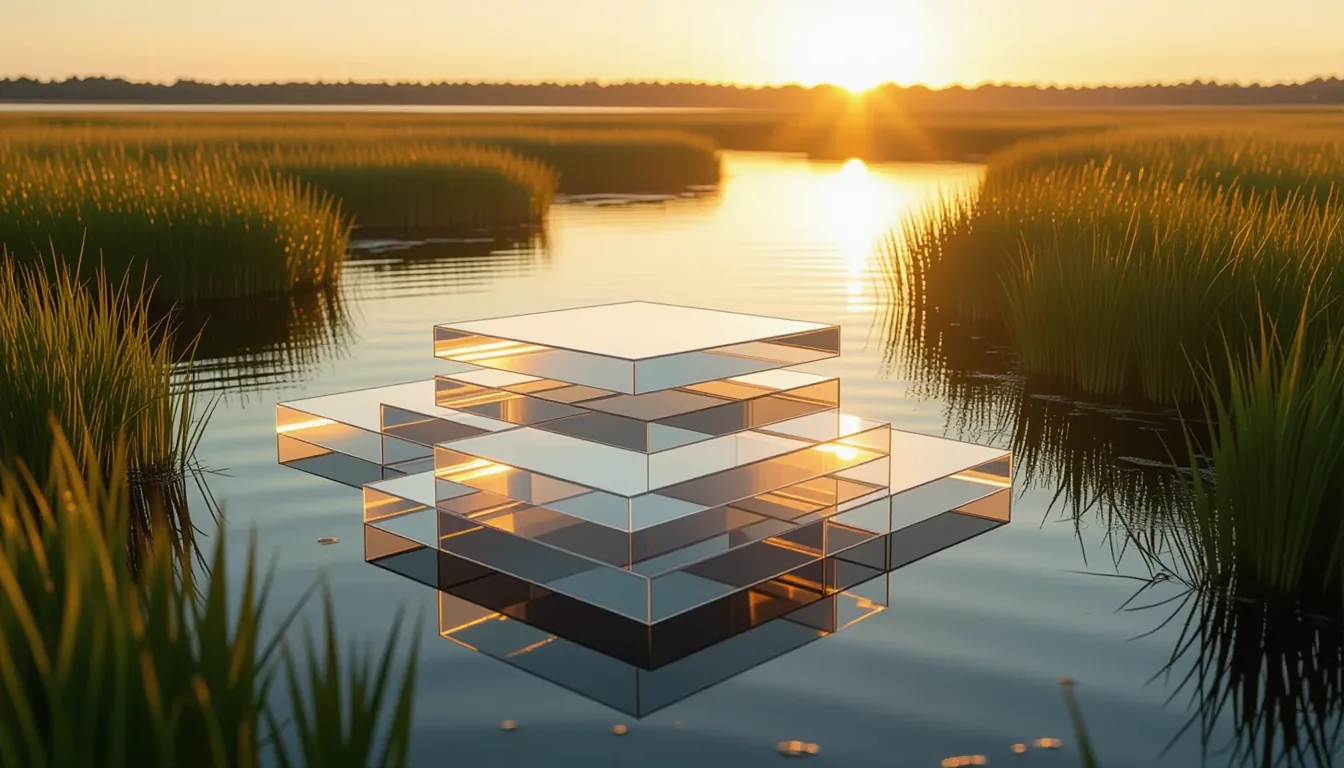 Over a sunlit salt marsh, stacked translucent acrylic platforms float above tidal grasses in a stagg