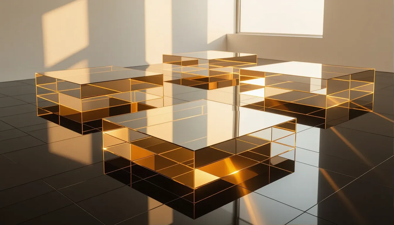 Golden-hour light catches stacked translucent acrylic platforms floating above a black mirror floor