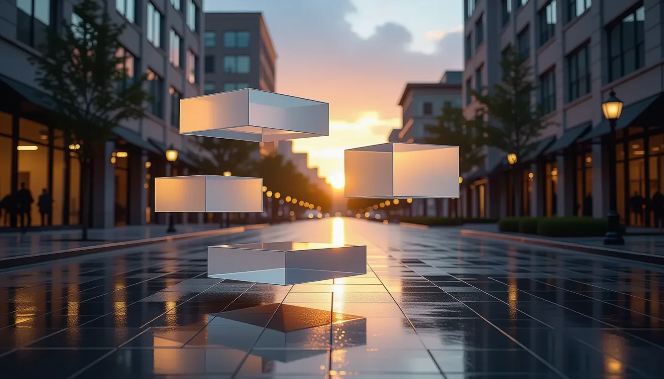 Floating geometric platforms of frosted glass and brushed steel hover over a rain-slicked Greenville