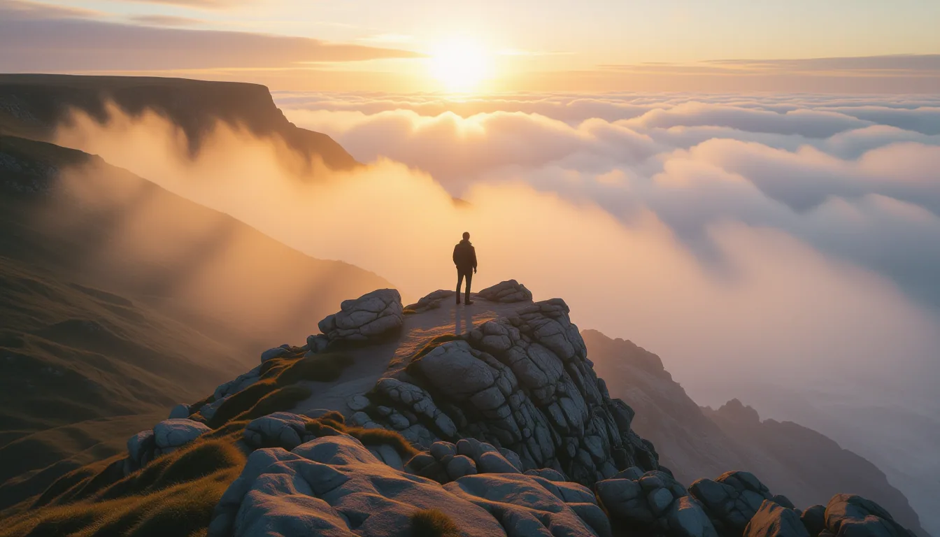 A lone figure stands on a wind-sculpted granite ridge above a mist-choked coastal valley, backlit by