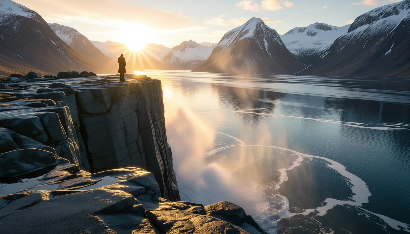 A solitary figure in a long coat stands at the edge of a basalt cliff overlooking a fjord at golden