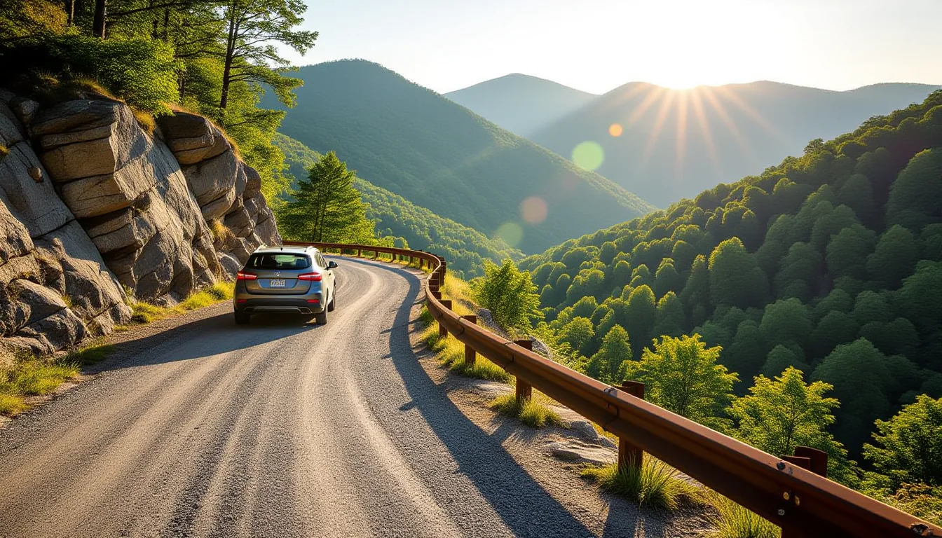 A narrow, sun-bleached dirt road climbs sharply up a granite ridge above a steep, forested ravine in