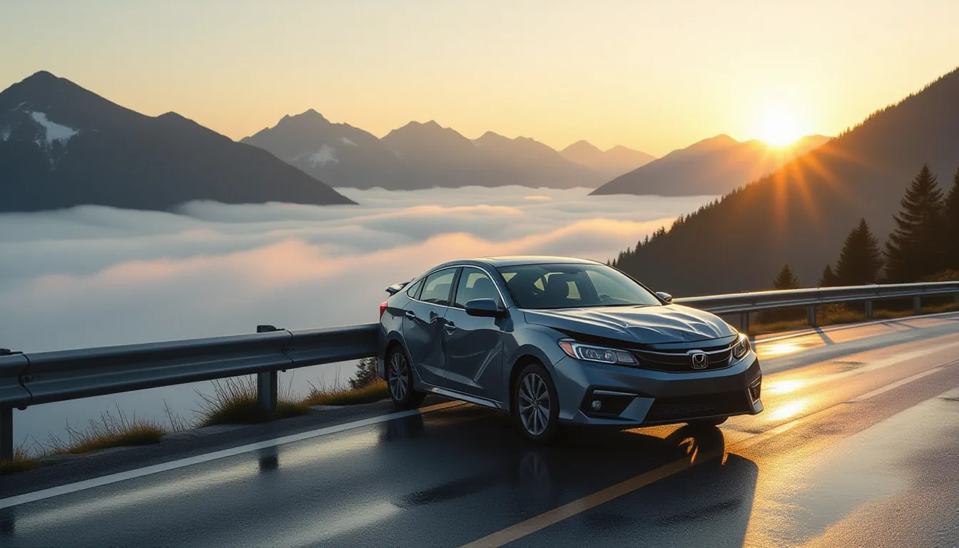 A car’s crumpled hood rests against a guardrail on a fog-shrouded mountain pass at golden hour, rain